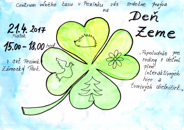 Plagát podujatia Centrum voľného času v Pezinku vás srdečne pozýva na Deň Zeme - popoludnie pre rodiny s deťmi plné interaktívnych hier a tvorivých dielničiek