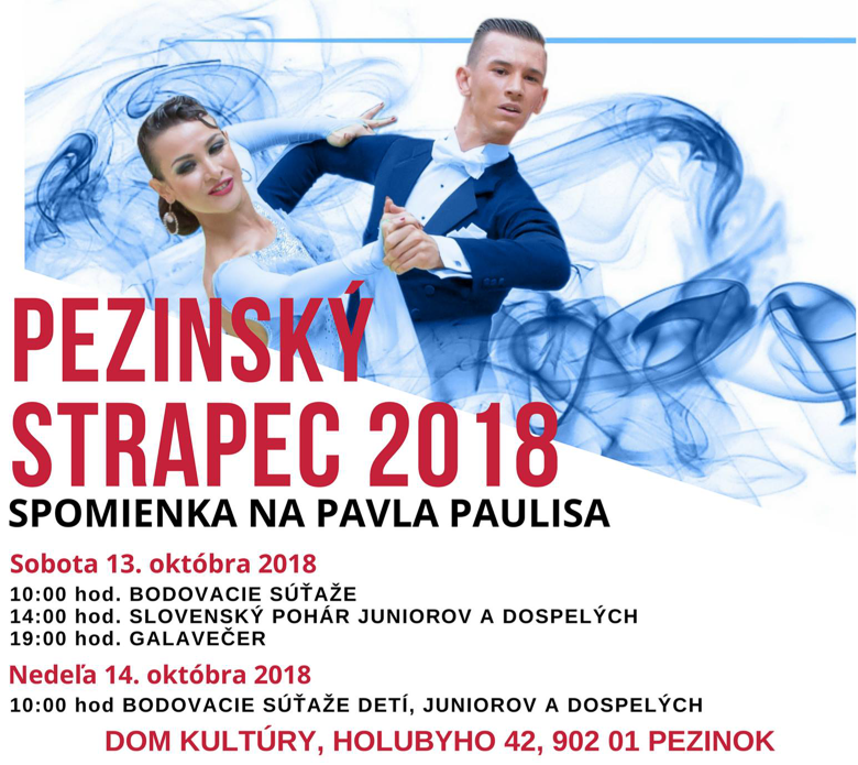 Plagát podujatia Pezinský strapec 2018 - Spomienka na Pavla Paulisa. Sobota 13. októbra 2018 10.00 hod. Bodovacie súťaže, 14.00 hod. Slovenský pohár juniorov a dospelých, 19.00 hod. Galavečer. Nedeľa 14. októbra 2018 10.00 hod. Bodovacie súťaže detí, juniorov a dospelých. Dom kultúry, Holubyho 42, Pezinok