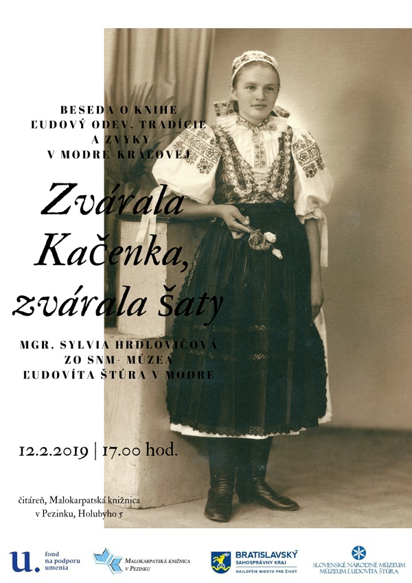 Plagát podujatia Beseda s autorkou knihy Mgr. Sylviou Hrdlovičovou o knižke Ľudový odev, tradície a zvyky v Modre Kráľovej.